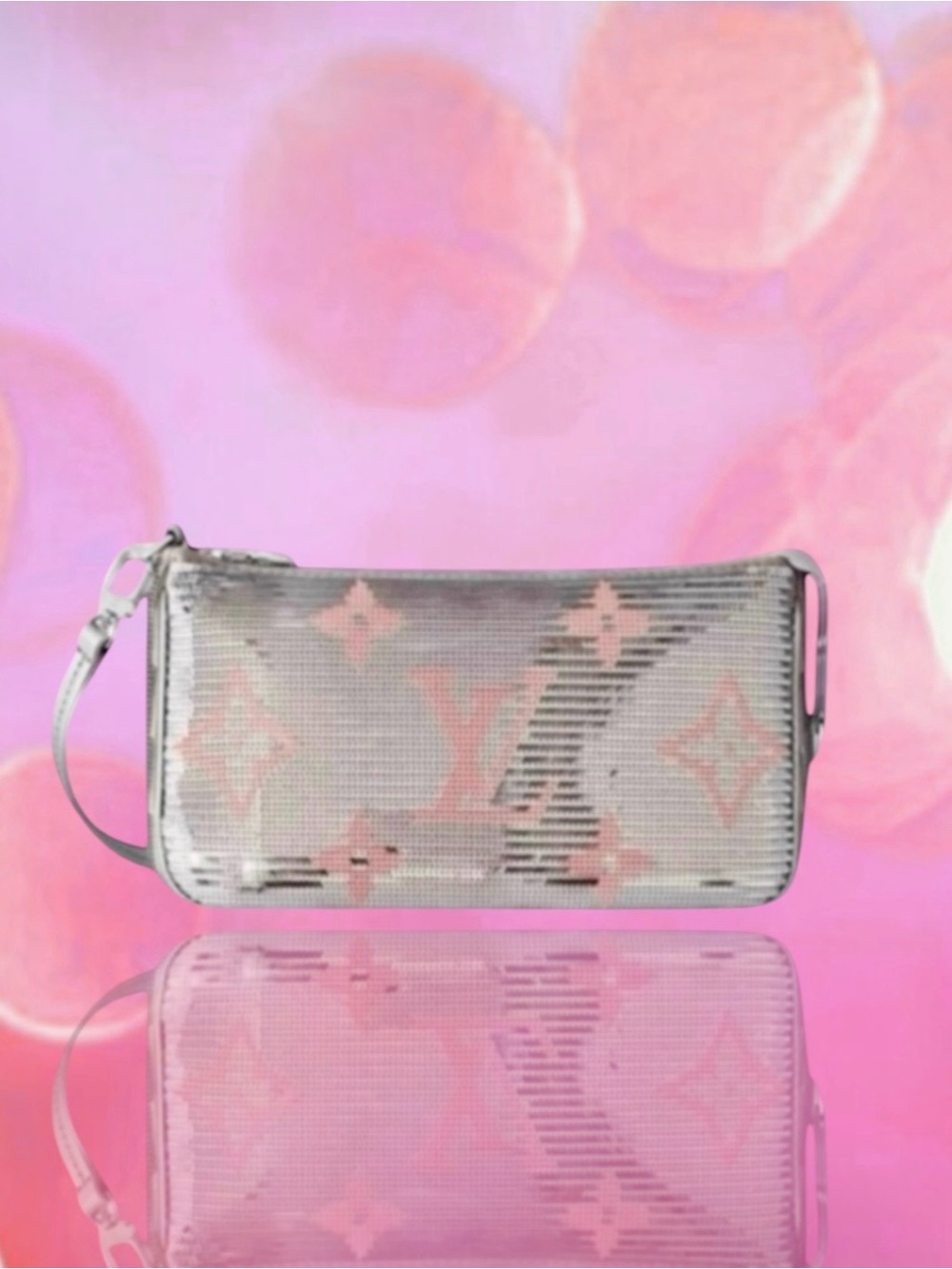 🆕💗LOUIS VUITTON Pochette Accessoires SILVER & PINK Sequins PINK 'LV' Logo Ltd Ed